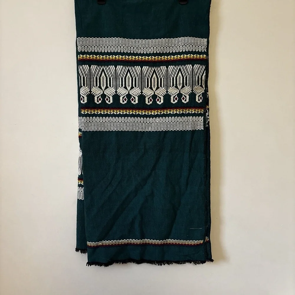 Antique Handwoven Textile Wall Hanging Fringes Swans Geometric Green